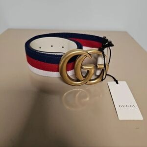 Authentic Gucci 40mm Double GG Marmont Red/Wt./Bl. Unisex Belt 409416 85/34